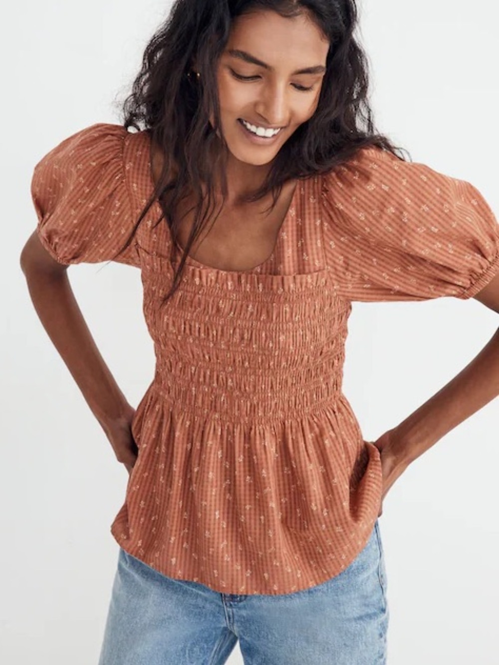 Madewell Bubble-Sleeve Smocked Peplum Blouse